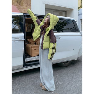拼色三条杠羽绒服女短款2025冬季新款韩版时尚高腰加厚面包服外套