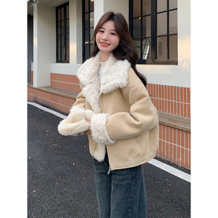 奶呼呼翻领皮毛一体羊羔毛外套女冬季2025新款韩系小个子短款棉服