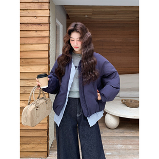 藏青色格子拼接假两件短款羽绒服女冬季2025新款设计感白鸭绒外套