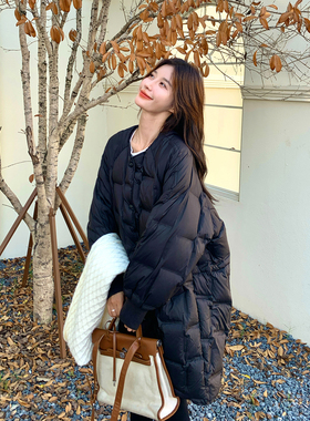 黑色羽绒服女中长款2025冬季韩系高级感宽松廓形圆领90白鸭绒外套