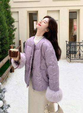 新中式毛毛袖口羽绒服女2025冬季新款紫色盘扣短款高级感90绒外套