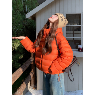 橙色巨好看短款连帽排骨羽绒服女2025冬季小个子洋气90白鸭绒外套