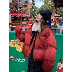 新中式红色短款羽绒服女2025冬新款毛领蝴蝶结加厚保暖小个子外套