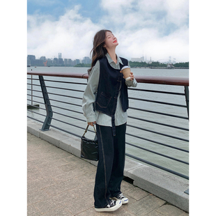 假两件条纹衬衫牛仔长裤套装女春秋季清纯系松弛感两件套爆款超火