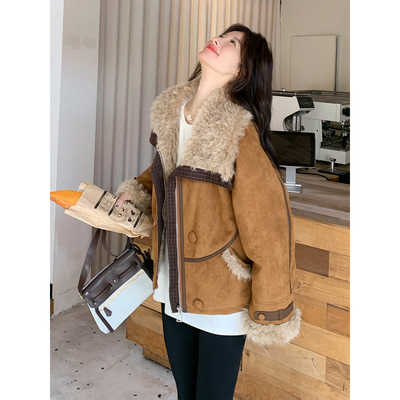 美拉德棕色皮毛一体羊羔毛外套女