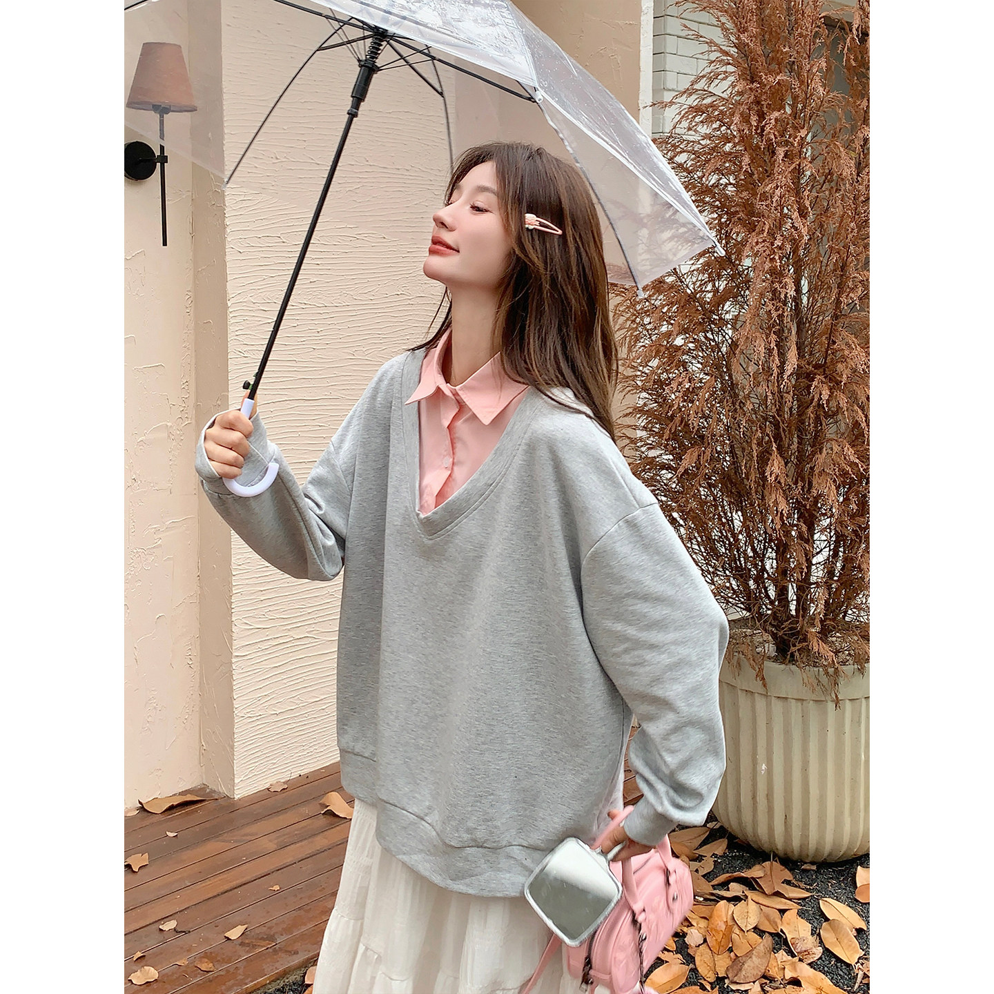 美式灰色POLO衫衬衫加绒卫衣女秋冬季宽松港风假两件加厚套头上衣