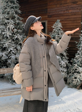 浅蓝色针织围脖云朵泡芙90绒羽绒服女冬季2025新款韩系中长款减龄