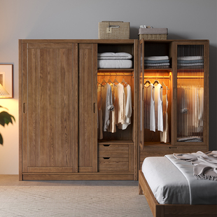 北欧白蜡木实木衣柜卧室家用小户型欧式 落地双门推拉玻璃门衣柜