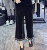 子 女2026春秋复古显瘦裤 新中式 国风真丝绒重工刺绣宽松九分阔腿裤