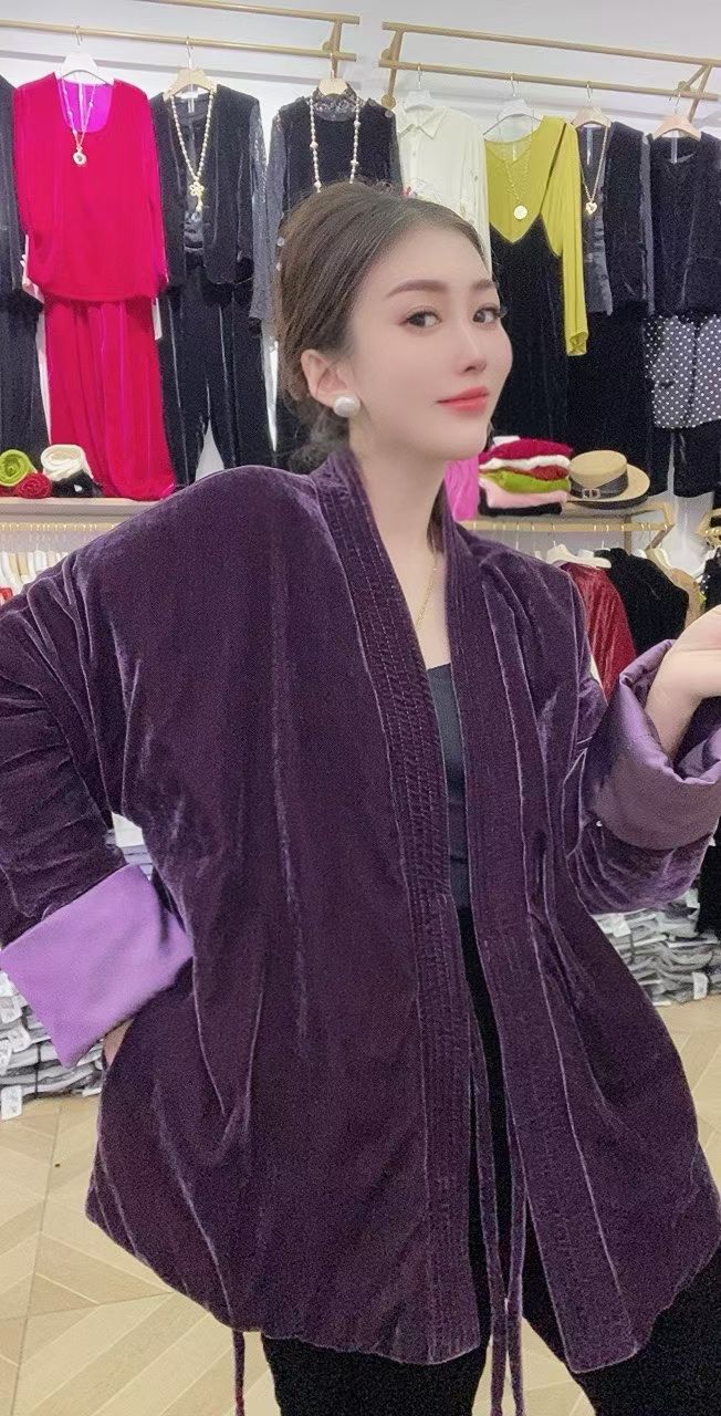 新中式国风盘扣丝绒和服加棉外套女2025秋冬复古棉服二棉上衣潮