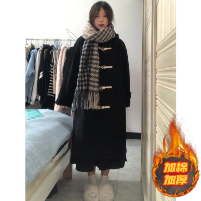 牛角扣黑色呢子大衣女202