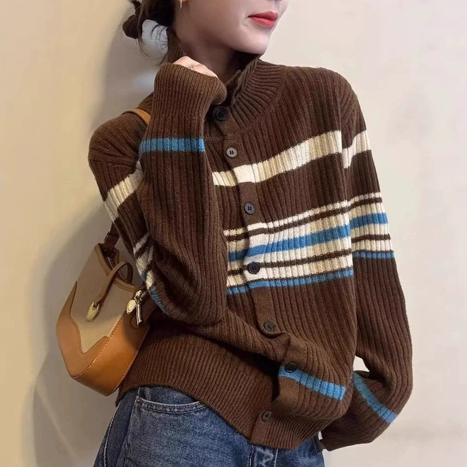 复古撞色条纹高领毛衣女