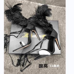 独特女鞋 夜店新款 个性 露趾羽毛凉鞋 走秀表演细跟性感 系带高跟凉鞋