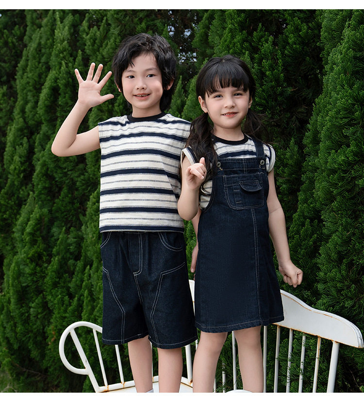 亲子装儿童条纹短袖T恤女童牛仔背带裙套装2025新款夏季时髦洋气