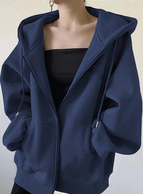 大牌专柜藏蓝色即墨纯棉卫衣女秋冬季加绒加厚宽松开衫连帽棒球服