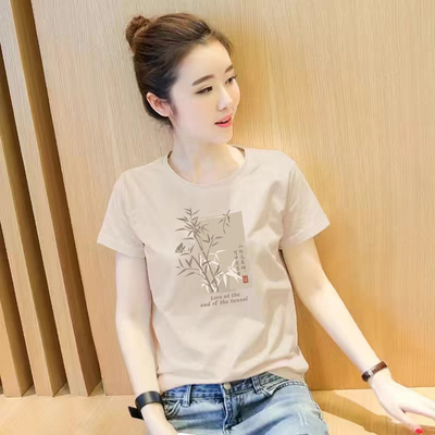 即墨短袖t恤女100%纯棉正肩上衣