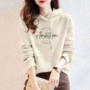 出口外贸高端品牌纯棉连帽即墨卫衣女新款 秋冬加绒印花宽松薄外套