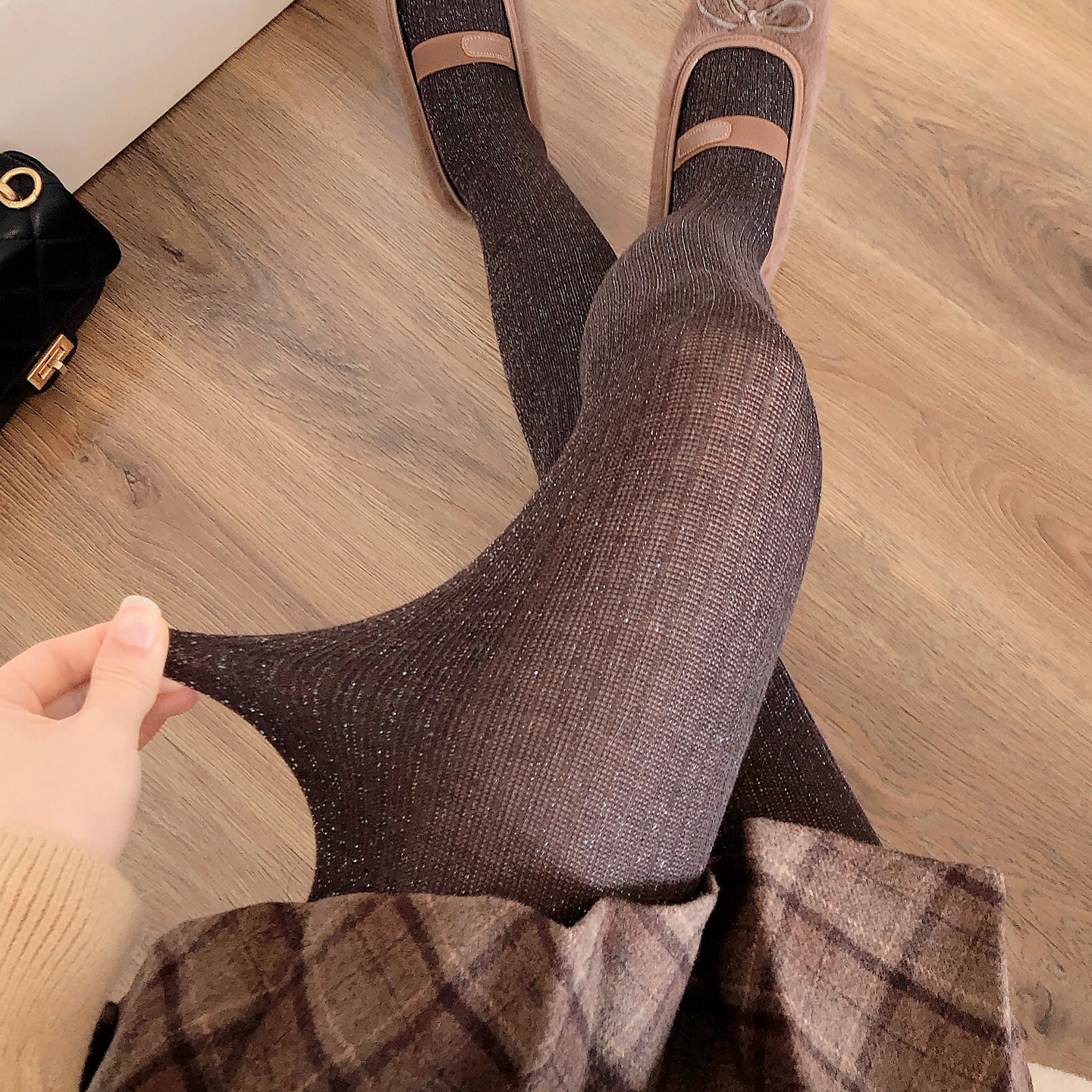 美拉德棕色银丝打底裤咖色连裤袜