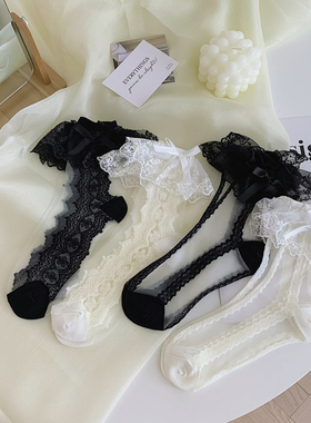 春夏超薄jk白色蕾丝花边短袜子女竖条玻璃丝女袜洛丽塔黑色堆堆袜