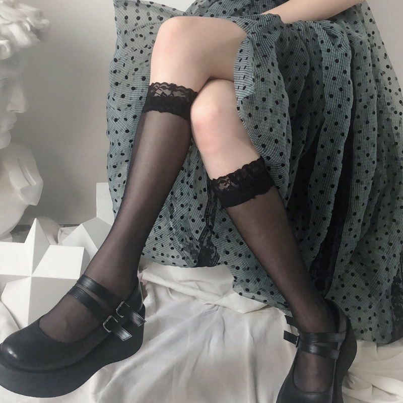 潮日系蕾丝花边超薄白色小腿袜