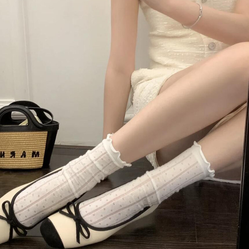 春夏季薄款波点木耳边白色堆堆袜学院风短袜子日系花边白色中筒袜
