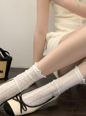 春夏季薄款波点木耳边白色堆堆袜学院风短袜子日系花边白色中筒袜