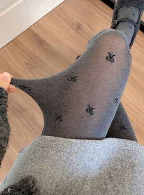 烟灰色打底裤秋冬芝麻灰小圆点连裤袜蝴蝶结提花丝袜深灰色打底袜