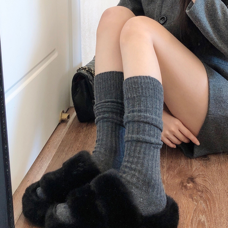 加厚灰色中筒袜羊毛奶白色小腿袜