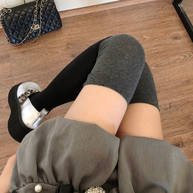 春秋黑色长筒袜日系JK高筒袜显瘦黑灰色拼接大腿袜子加厚过膝袜女