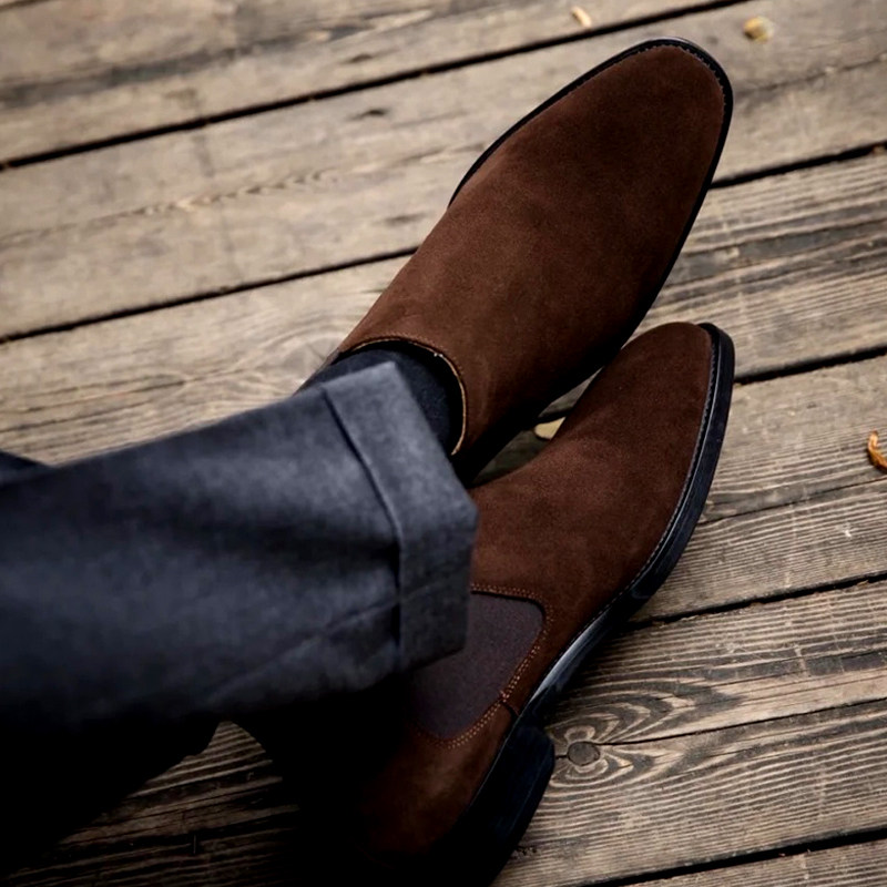 秋冬季切尔西靴尖头潮流休闲高帮反绒皮马丁短靴真皮英伦男鞋小码