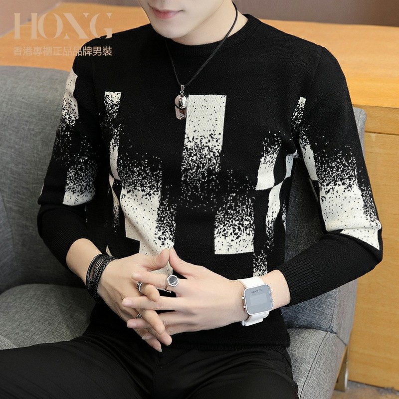 圆领毛衣男韩版打底衫修身潮流春秋冬季2025年加绒加厚印花羊毛衫