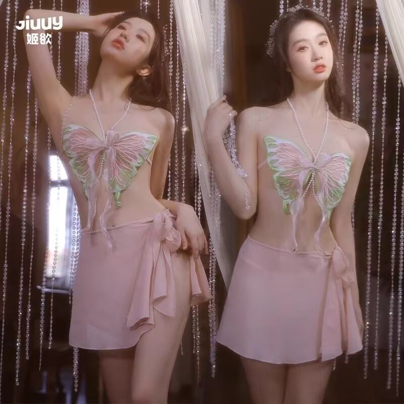 性感复古绑带肚兜古典汉服睡衣蝴蝶挂脖肚兜透视睡裙家居服套装夏