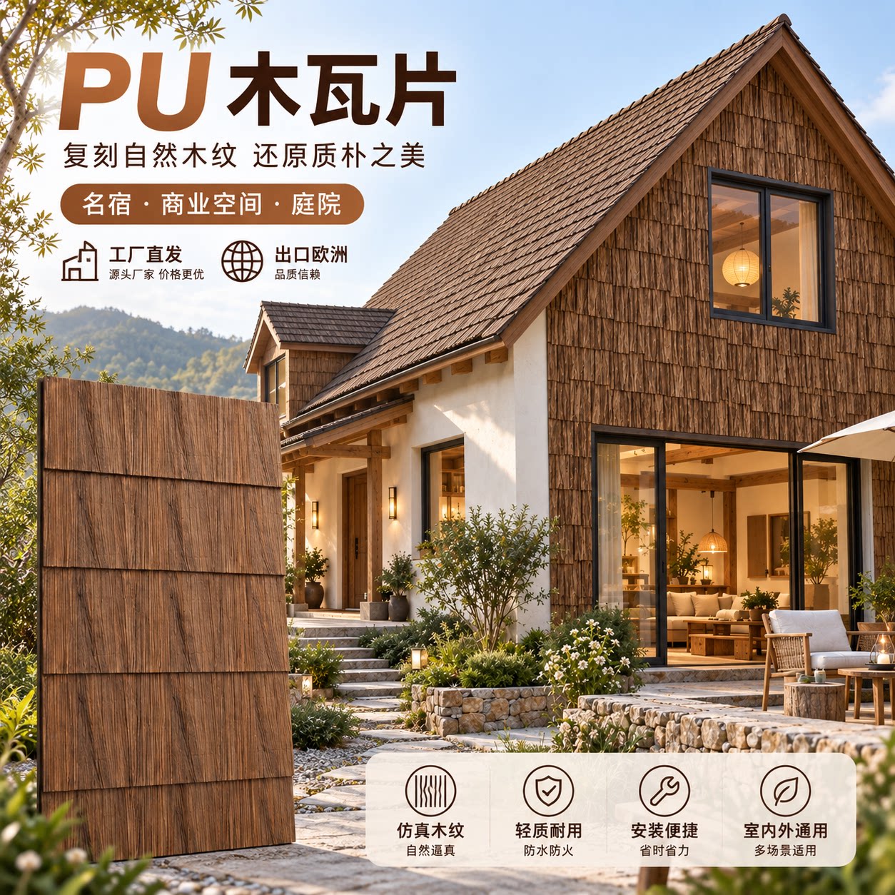 PU木瓦板仿古砖木纹砖餐厅民宿屋檐装饰复古背景墙装修仿实木瓦片