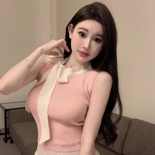 小香风挂脖蝴蝶结系带针织背心女2025夏内搭背心外穿甜美别致上衣