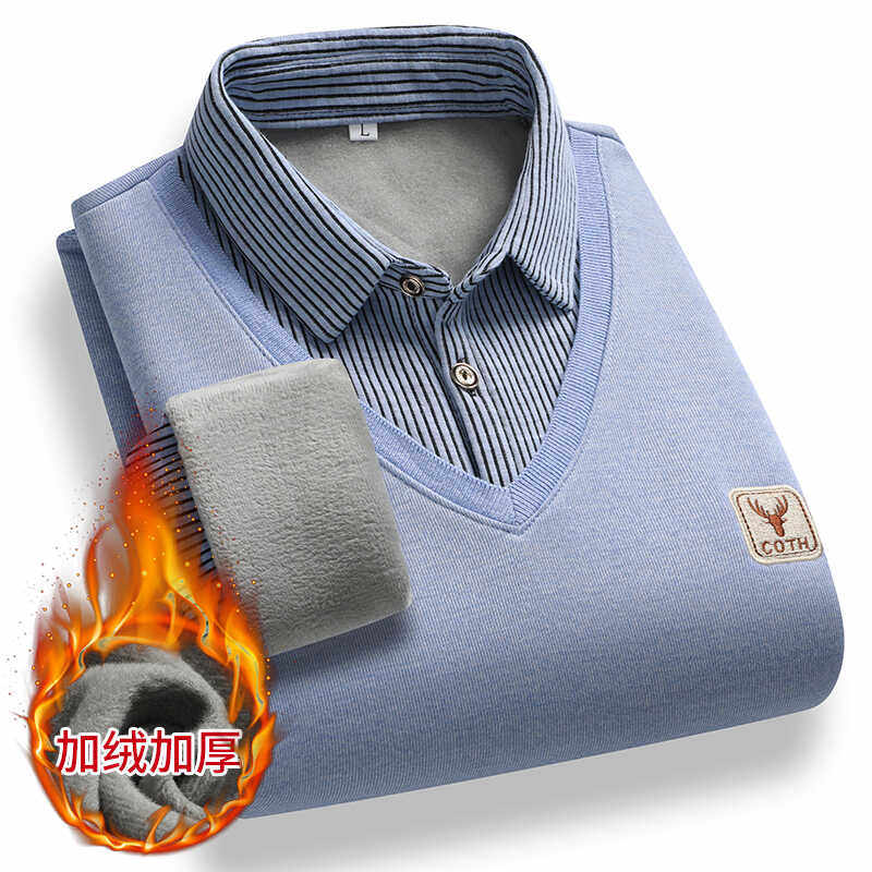 2024年秋冬季新款男士长袖衬衫针织衬衣加绒加厚中老年假两件毛衣,男装,衬衫,淘宝优惠券,粉丝福利购,淘宝优惠卷