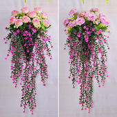 仿真挂墙玫瑰花壁挂装 饰客厅室内塑料假花挂壁仿真花客厅藤条藤蔓