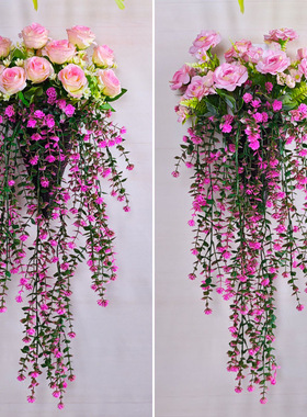 仿真挂墙玫瑰花壁挂装饰客厅室内塑料假花挂壁仿真花客厅藤条藤蔓