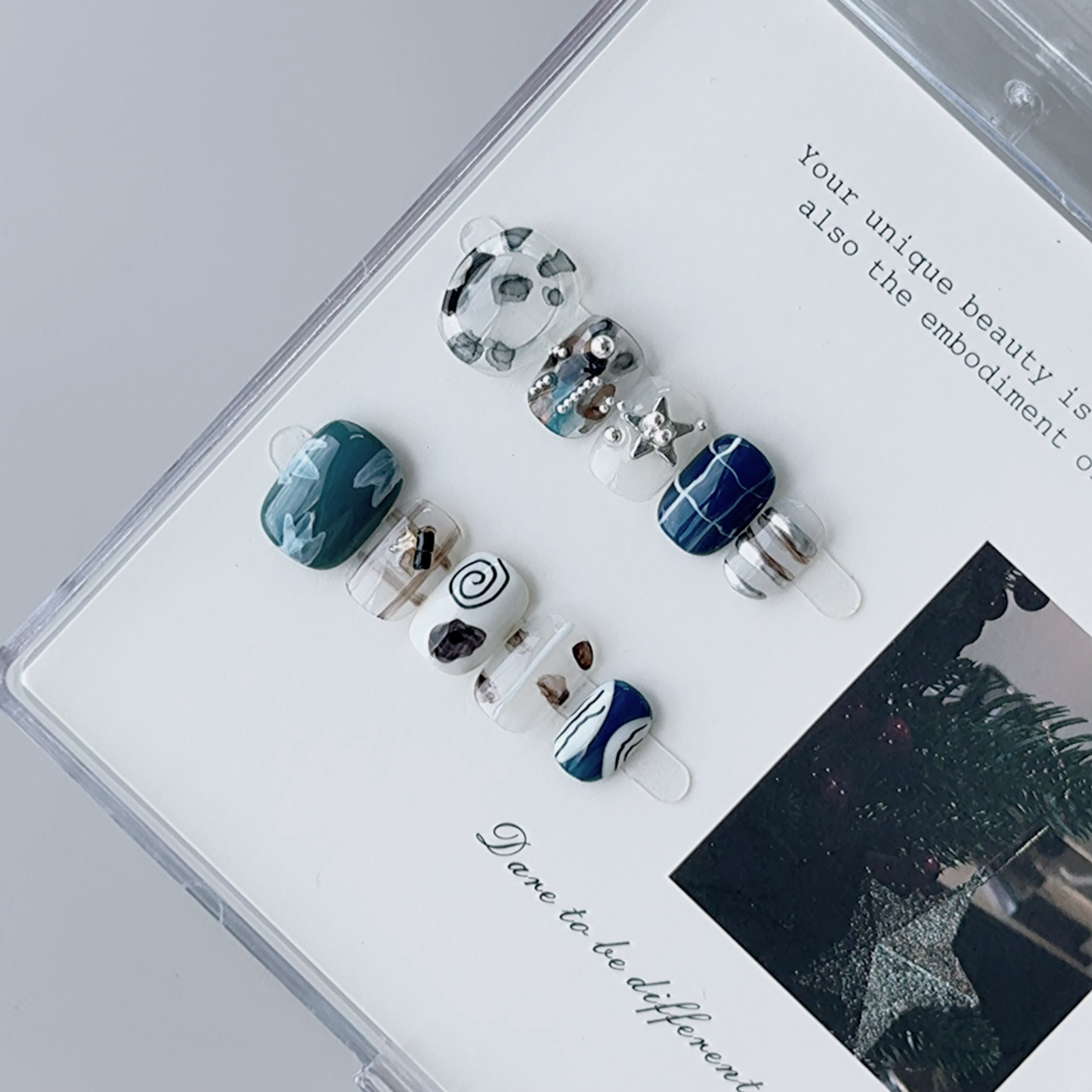 纯手工穿戴甲短款小清新美甲蓝色系手绘花朵温柔气质成品指甲贴片