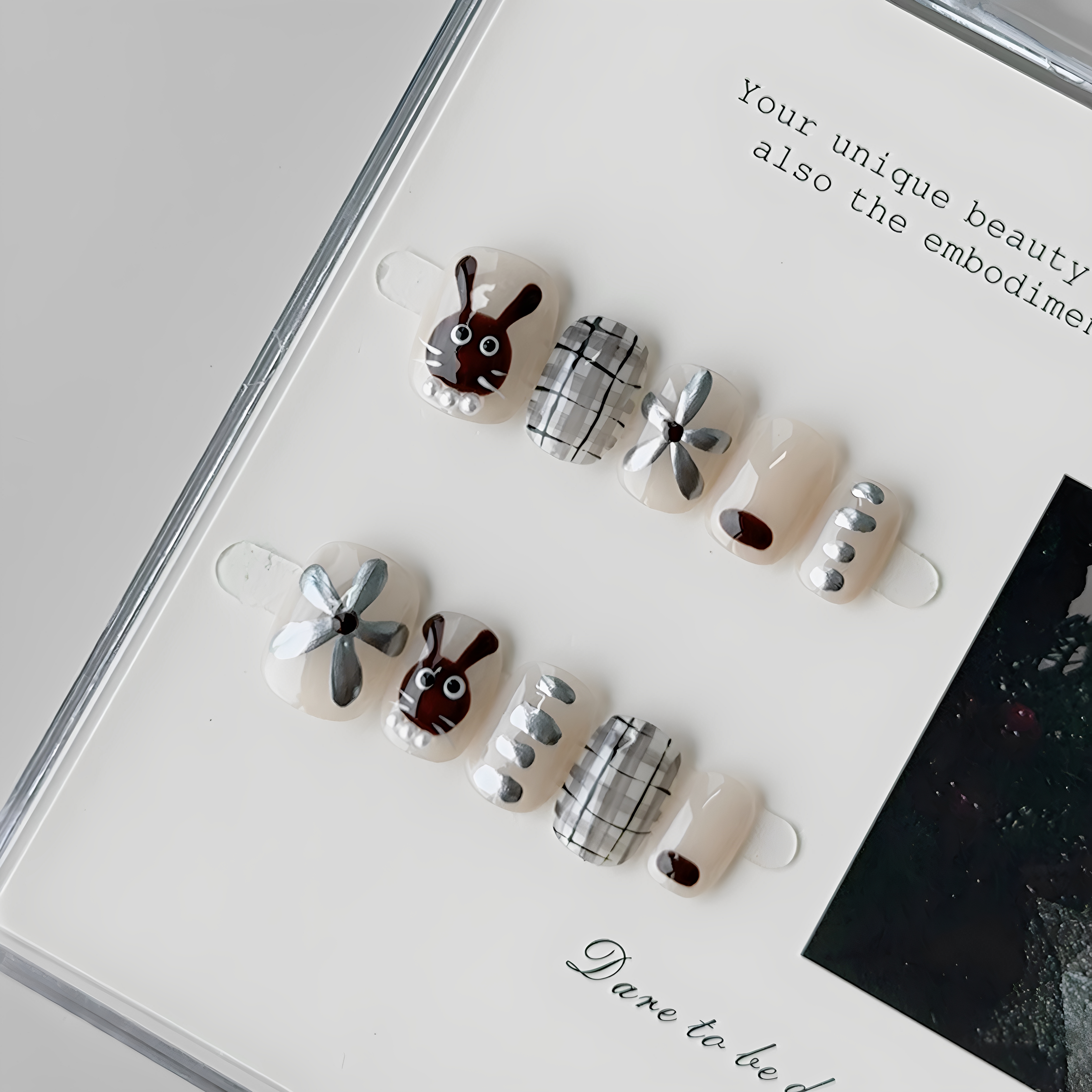 纯手工穿戴甲手绘可爱卡通裸色系复古格纹显白成品美甲指甲套装