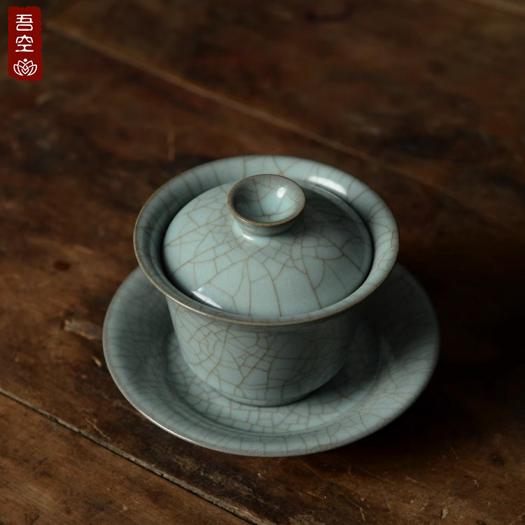 正品龙泉青瓷哥窑天青色薄胎手工三才盖碗茶杯陶瓷功夫茶具泡茶碗