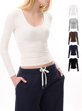 现货纯欲辣妹小U领针织长袖打底衫T恤女收腰紧身显瘦正肩内搭上衣