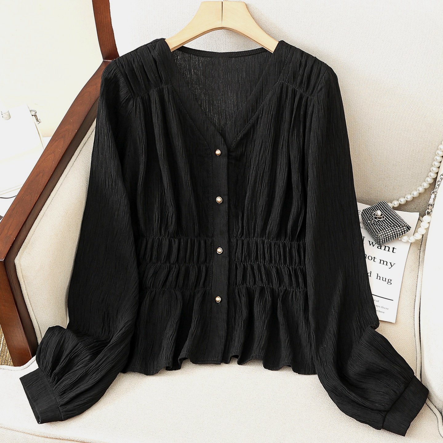 大码女装法式v领褶皱衬衫春秋冬新款胖mm宽松气质长袖雪纺衫上衣