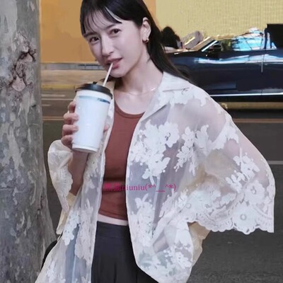 透视宽袖口蕾丝钩花刺绣短袖衬衫
