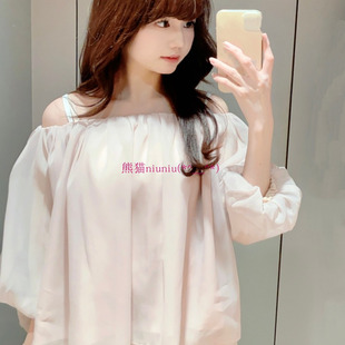 法式贵牌!原厂D推荐~S家 甜美一字领露肩泡泡袖雪纺薄纱衬衫上衣