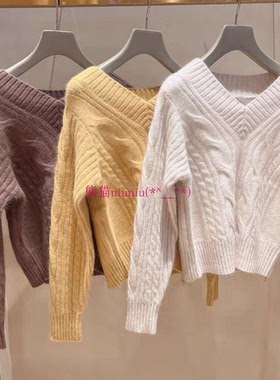温暖又厚实！宽松版型~纯圆S家 糖果色V领针织绞花毛衣