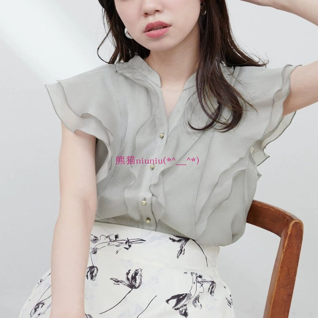 纯元贵牌！小众日系~甜美V领层叠荷叶边小飞袖拼接衬衫0351040830