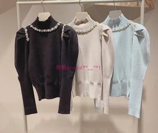 宫廷风 珍珠针织毛衣衫 纯圆款 纯色高领泡泡袖 S家 法式