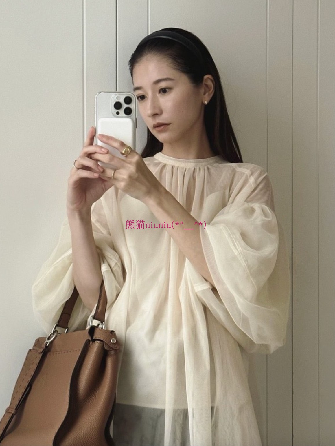 宽松慵懒风！原厂追加D~松本惠奈C1ane 纯色半透视灯笼袖薄纱衬衫
