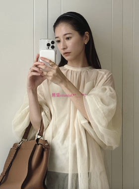 宽松慵懒风！原厂追加D~松本惠奈C1ane 纯色半透视灯笼袖薄纱衬衫