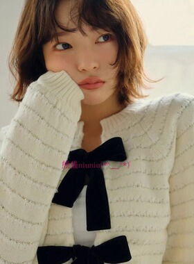 纯元贵牌！气质减龄~LB家 甜美蝴蝶结丝绒系带针织开衫